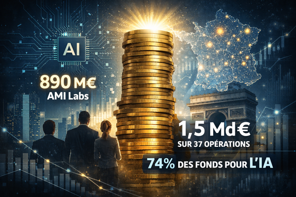 Graphique illustrant la répartition inégale du financement startup en France en mars 2026, avec une barre géante pour les méga-levées et de petites barres pour les autres, symbolisant la concentration du capital.