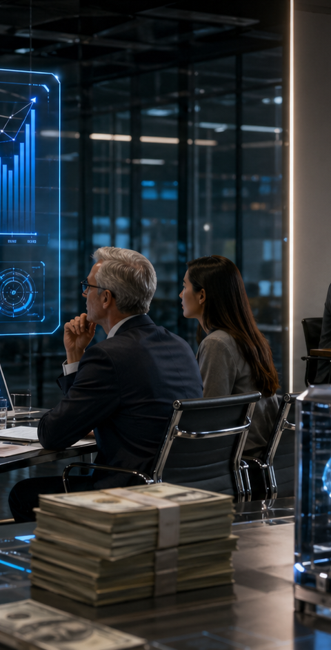 Scène réaliste dans une salle de réunion moderne où des investisseurs assistent à une présentation autour de l’intelligence artificielle, avec écrans holographiques, graphiques de croissance et ambiance technologique, tandis qu’une équipe entrepreneuriale plus discrète travaille en retrait, illustrant la concentration des financements sur les startups IA.