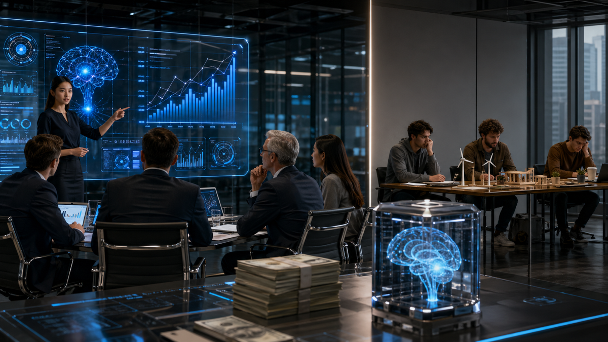 Scène réaliste dans une salle de réunion moderne où des investisseurs assistent à une présentation autour de l’intelligence artificielle, avec écrans holographiques, graphiques de croissance et ambiance technologique, tandis qu’une équipe entrepreneuriale plus discrète travaille en retrait, illustrant la concentration des financements sur les startups IA.