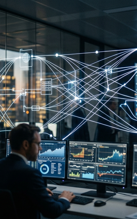Illustration d'un réseau financier complexe avec des icônes de données et de transactions, symbolisant la Fintech B2B et l'infrastructure de Wallester.