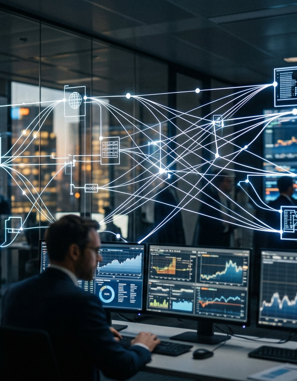 Illustration d'un réseau financier complexe avec des icônes de données et de transactions, symbolisant la Fintech B2B et l'infrastructure de Wallester.