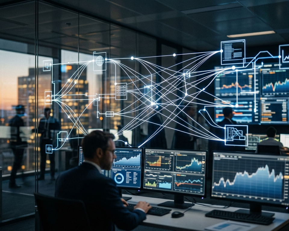 Illustration d'un réseau financier complexe avec des icônes de données et de transactions, symbolisant la Fintech B2B et l'infrastructure de Wallester.