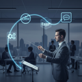Illustration d'un chef d'orchestre numérique dirigeant un ensemble d'applications interconnectées, symbolisant l'orchestration des Flux de travail IA pour les PME.