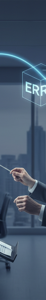 Illustration d'un chef d'orchestre numérique dirigeant un ensemble d'applications interconnectées, symbolisant l'orchestration des Flux de travail IA pour les PME.