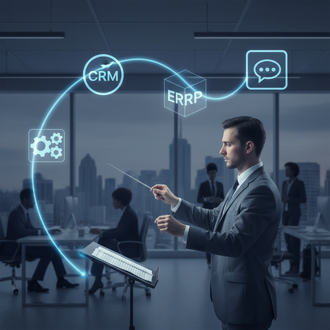 Illustration d'un chef d'orchestre numérique dirigeant un ensemble d'applications interconnectées, symbolisant l'orchestration des Flux de travail IA pour les PME.