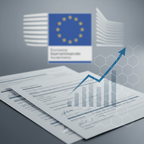 Documents financiers et graphiques en arrière-plan, symbolisant la complexité du montage de dossier pour les fonds européens FEDER FSE+ pour PME en 2026.