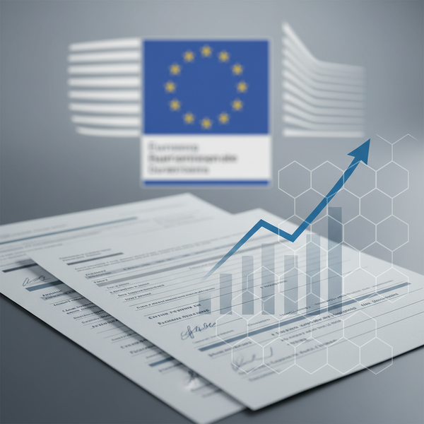 Documents financiers et graphiques en arrière-plan, symbolisant la complexité du montage de dossier pour les fonds européens FEDER FSE+ pour PME en 2026.
