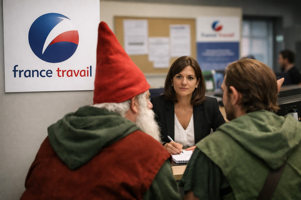 Logo France Travail dans une agence d’accueil, avec une conseillère recevant deux personnages costumés en gnome et elfe, dans une scène réaliste illustrant la polémique autour d’une formation atypique référencée.