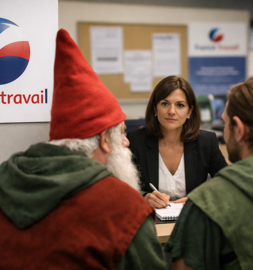 Logo France Travail dans une agence d’accueil, avec une conseillère recevant deux personnages costumés en gnome et elfe, dans une scène réaliste illustrant la polémique autour d’une formation atypique référencée.