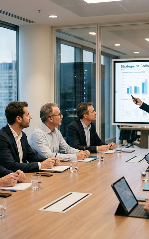 Dirigeants de TPE/PME attentifs lors d'une session de formation IA, prenant des notes sur l'intégration de l'intelligence artificielle dans leur entreprise.