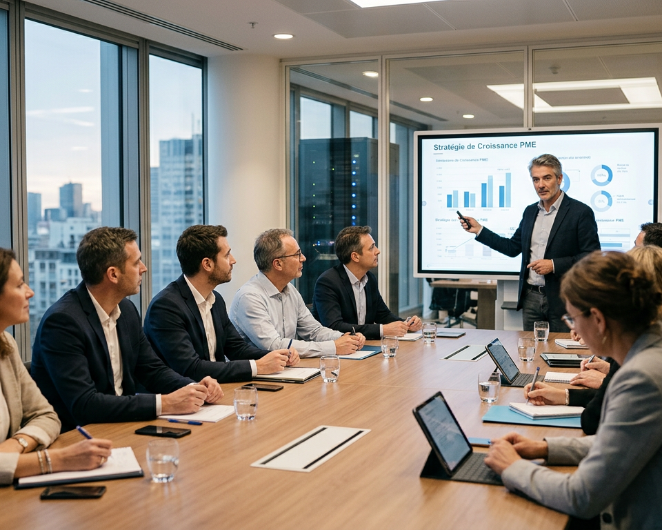 Dirigeants de TPE/PME attentifs lors d'une session de formation IA, prenant des notes sur l'intégration de l'intelligence artificielle dans leur entreprise.