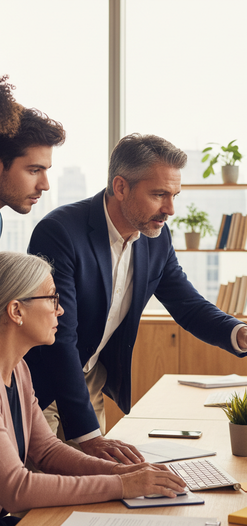 Une équipe diversifiée de professionnels en PME, souriants, participant à une session de formation interactive sur l'IA