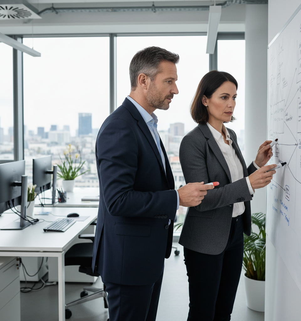 Illustration de professionnels (fractional CMO, CFO, CTO) travaillant en équipe avec des dirigeants de PME, symbolisant la collaboration et l'accès à l'expertise stratégique à temps partagé pour la croissance.