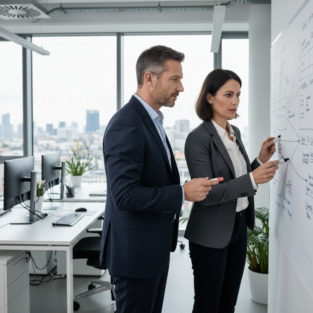 Illustration de professionnels (fractional CMO, CFO, CTO) travaillant en équipe avec des dirigeants de PME, symbolisant la collaboration et l'accès à l'expertise stratégique à temps partagé pour la croissance.