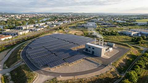 Illustration de panneaux solaires et d'une installation de gaz de mine, symbolisant la production d'énergie bas carbone locale de La Française de l'Énergie.