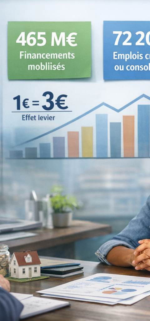 Infographie illustrant les 465 millions d'euros mobilisés par France Active en 2025, avec des flèches symbolisant l'effet de levier sur les financements bancaires et le soutien aux entrepreneurs.