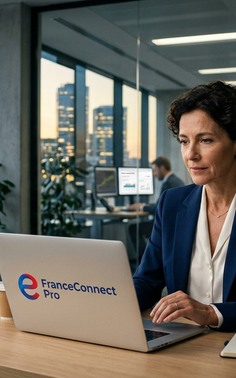 Illustration d'un dirigeant de PME souriant, utilisant un ordinateur portable avec le logo FranceConnect Pro PME, symbolisant la simplification administrative et le gain de temps.