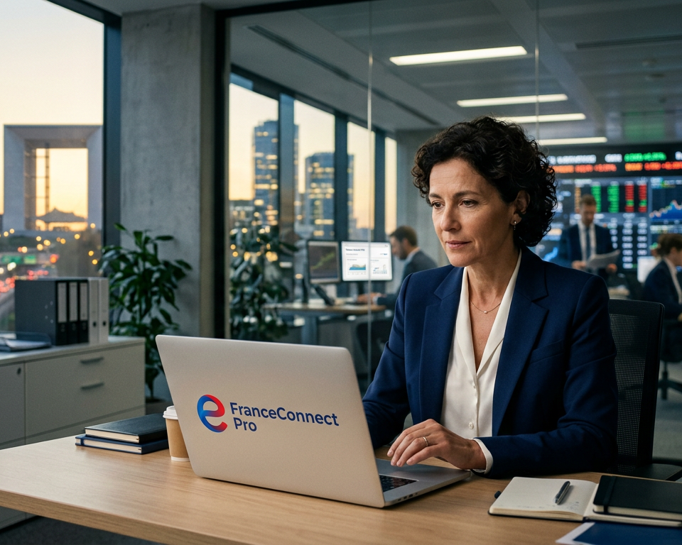 Illustration d'un dirigeant de PME souriant, utilisant un ordinateur portable avec le logo FranceConnect Pro PME, symbolisant la simplification administrative et le gain de temps.