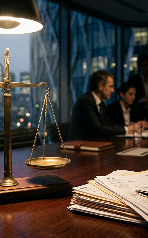 Illustration d'une balance de justice avec des documents fiscaux et des menottes, symbolisant les sanctions accrues pour fraude fiscale et la responsabilité des dirigeants d'entreprise.