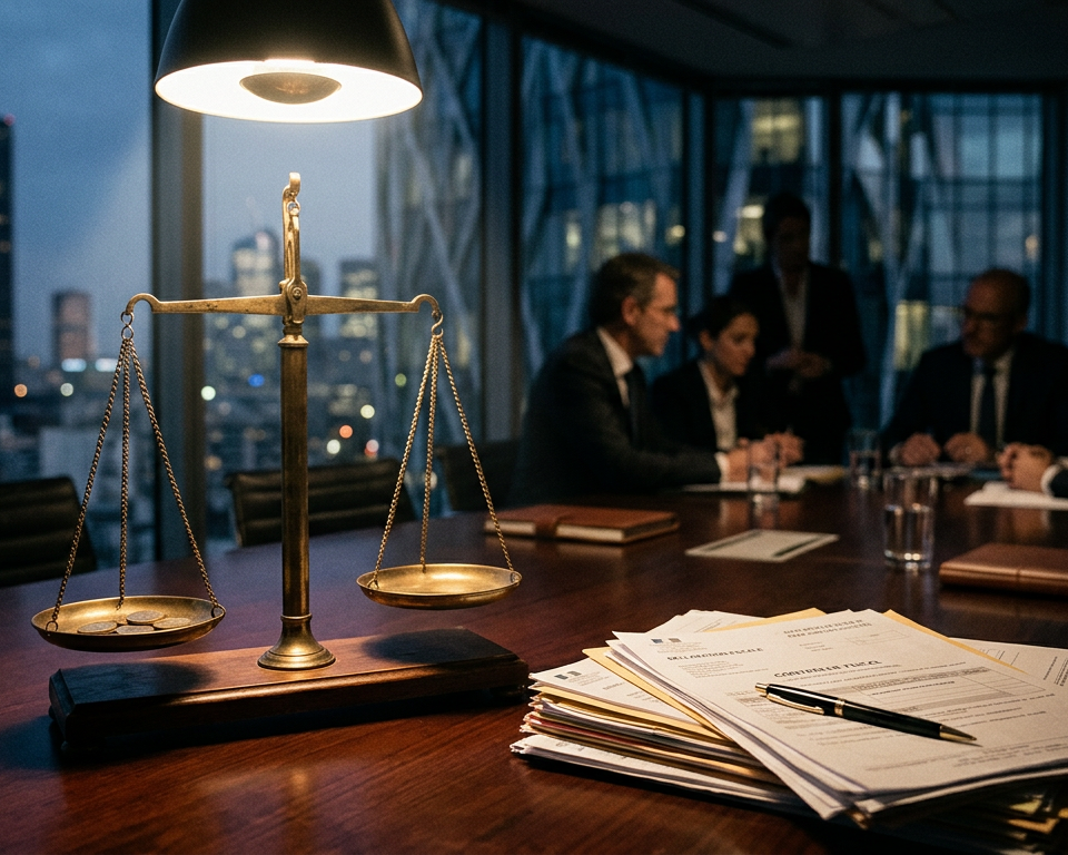 Illustration d'une balance de justice avec des documents fiscaux et des menottes, symbolisant les sanctions accrues pour fraude fiscale et la responsabilité des dirigeants d'entreprise.