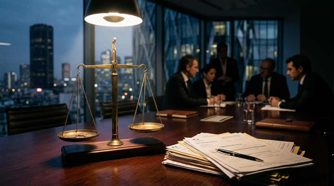 Illustration d'une balance de justice avec des documents fiscaux et des menottes, symbolisant les sanctions accrues pour fraude fiscale et la responsabilité des dirigeants d'entreprise.