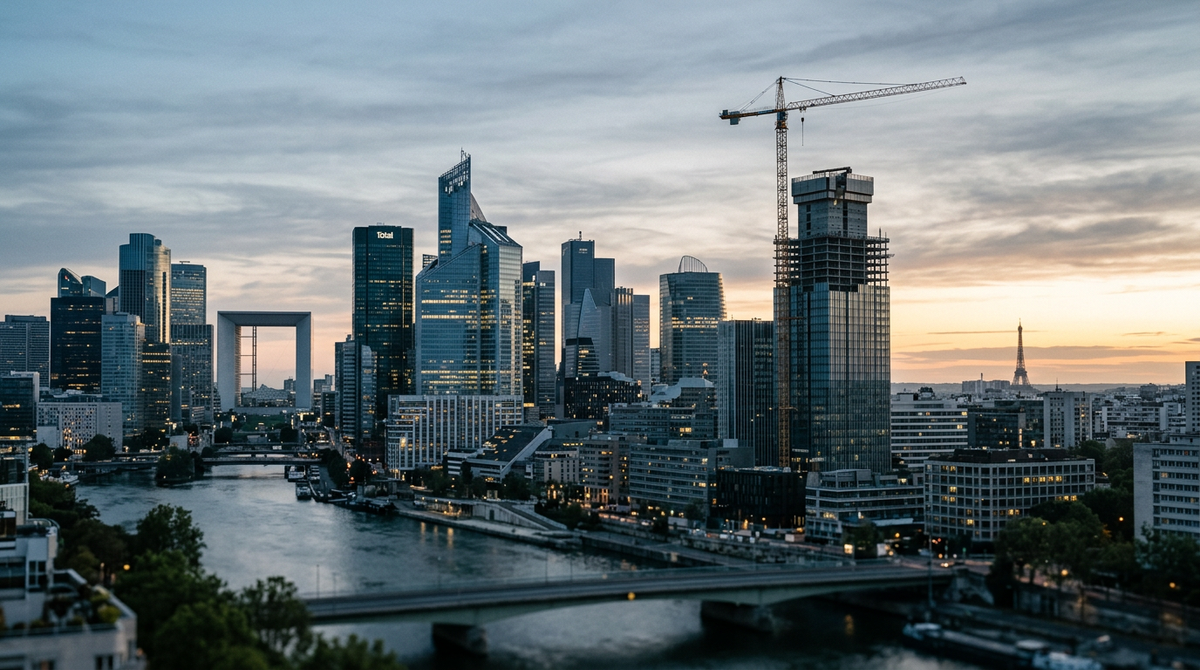 Illustration de la French Tech, avec des graphiques de croissance et des symboles de fracture sociale, représentant le défi du modèle économique face aux inégalités.