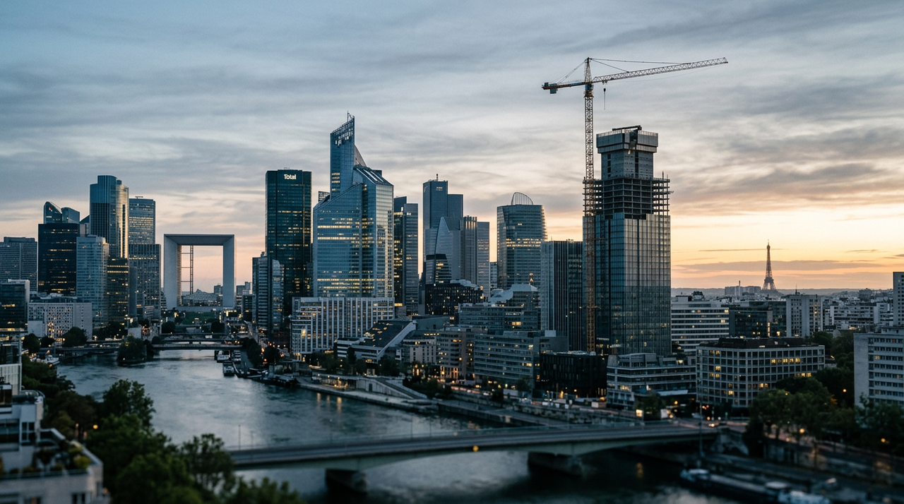 Illustration de la French Tech, avec des graphiques de croissance et des symboles de fracture sociale, représentant le défi du modèle économique face aux inégalités.