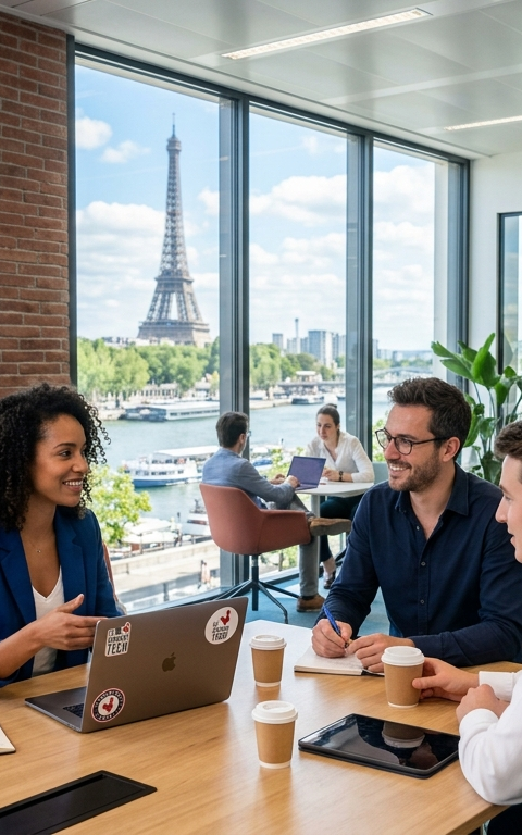 Un espace de bureau moderne et lumineux à Paris illustrant l'écosystème de la French Tech. Sur un mur de briques à gauche, un logo néon affiche le coq stylisé avec l'inscription 'LA FRENCH TECH INNOVATION & ENTREPRENEURSHIP'. Au centre, des professionnels collaborent autour de tables en bois dans une atmosphère dynamique. En arrière-plan, une grande baie vitrée offre une vue panoramique sur la Tour Eiffel et la Seine.