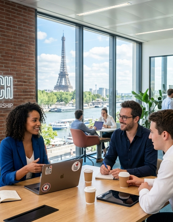 Un espace de bureau moderne et lumineux à Paris illustrant l'écosystème de la French Tech. Sur un mur de briques à gauche, un logo néon affiche le coq stylisé avec l'inscription 'LA FRENCH TECH INNOVATION & ENTREPRENEURSHIP'. Au centre, des professionnels collaborent autour de tables en bois dans une atmosphère dynamique. En arrière-plan, une grande baie vitrée offre une vue panoramique sur la Tour Eiffel et la Seine.