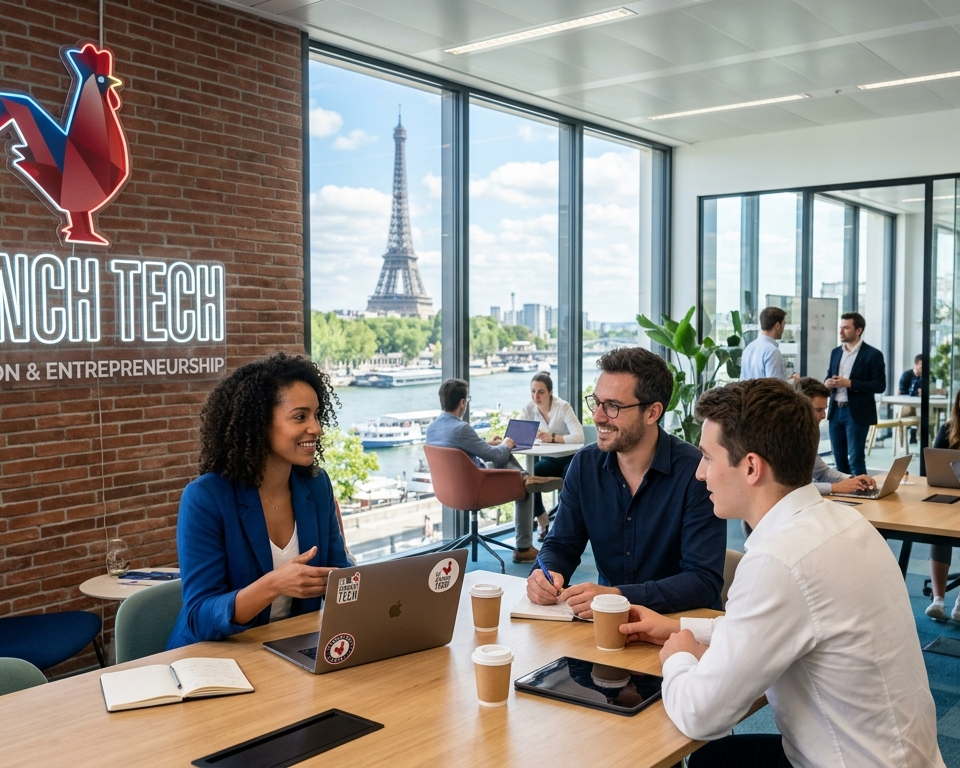 Un espace de bureau moderne et lumineux à Paris illustrant l'écosystème de la French Tech. Sur un mur de briques à gauche, un logo néon affiche le coq stylisé avec l'inscription 'LA FRENCH TECH INNOVATION & ENTREPRENEURSHIP'. Au centre, des professionnels collaborent autour de tables en bois dans une atmosphère dynamique. En arrière-plan, une grande baie vitrée offre une vue panoramique sur la Tour Eiffel et la Seine.