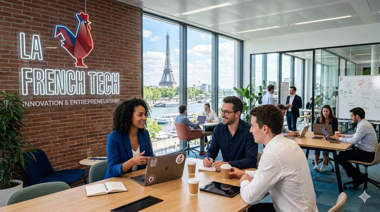 Un espace de bureau moderne et lumineux à Paris illustrant l'écosystème de la French Tech. Sur un mur de briques à gauche, un logo néon affiche le coq stylisé avec l'inscription 'LA FRENCH TECH INNOVATION & ENTREPRENEURSHIP'. Au centre, des professionnels collaborent autour de tables en bois dans une atmosphère dynamique. En arrière-plan, une grande baie vitrée offre une vue panoramique sur la Tour Eiffel et la Seine.