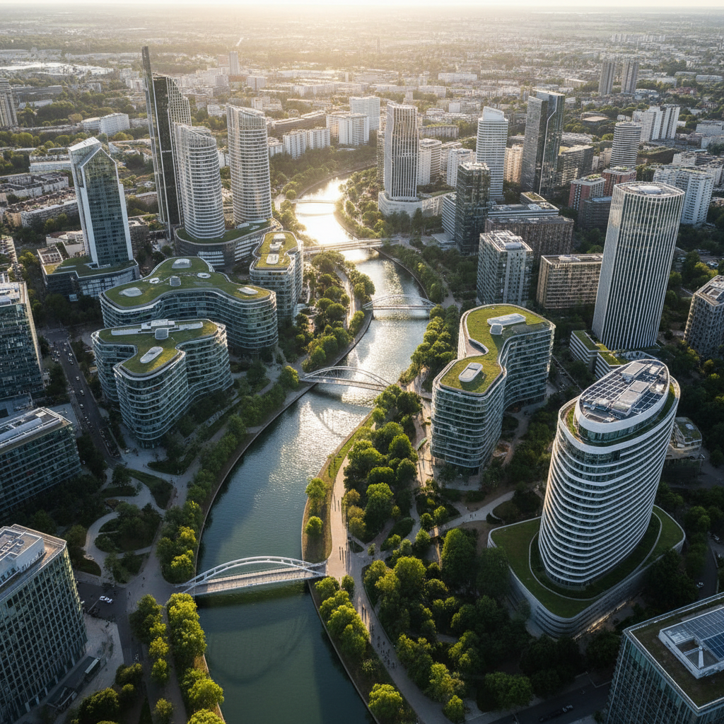 Paysage urbain moderne d'une ville française, symbolisant l'essor de la French Tech régionale et l'innovation hors Paris, avec des bâtiments technologiques et des infrastructures de transport.