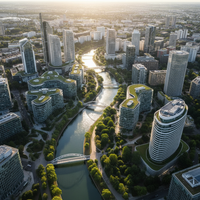 Paysage urbain moderne d'une ville française, symbolisant l'essor de la French Tech régionale et l'innovation hors Paris, avec des bâtiments technologiques et des infrastructures de transport.