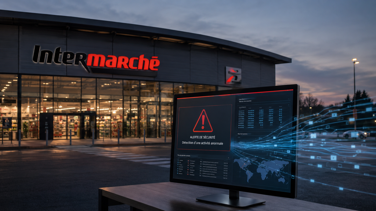 Illustration d'une fuite de données massive chez Intermarché impactant les serveurs de retrait drive en 2026.