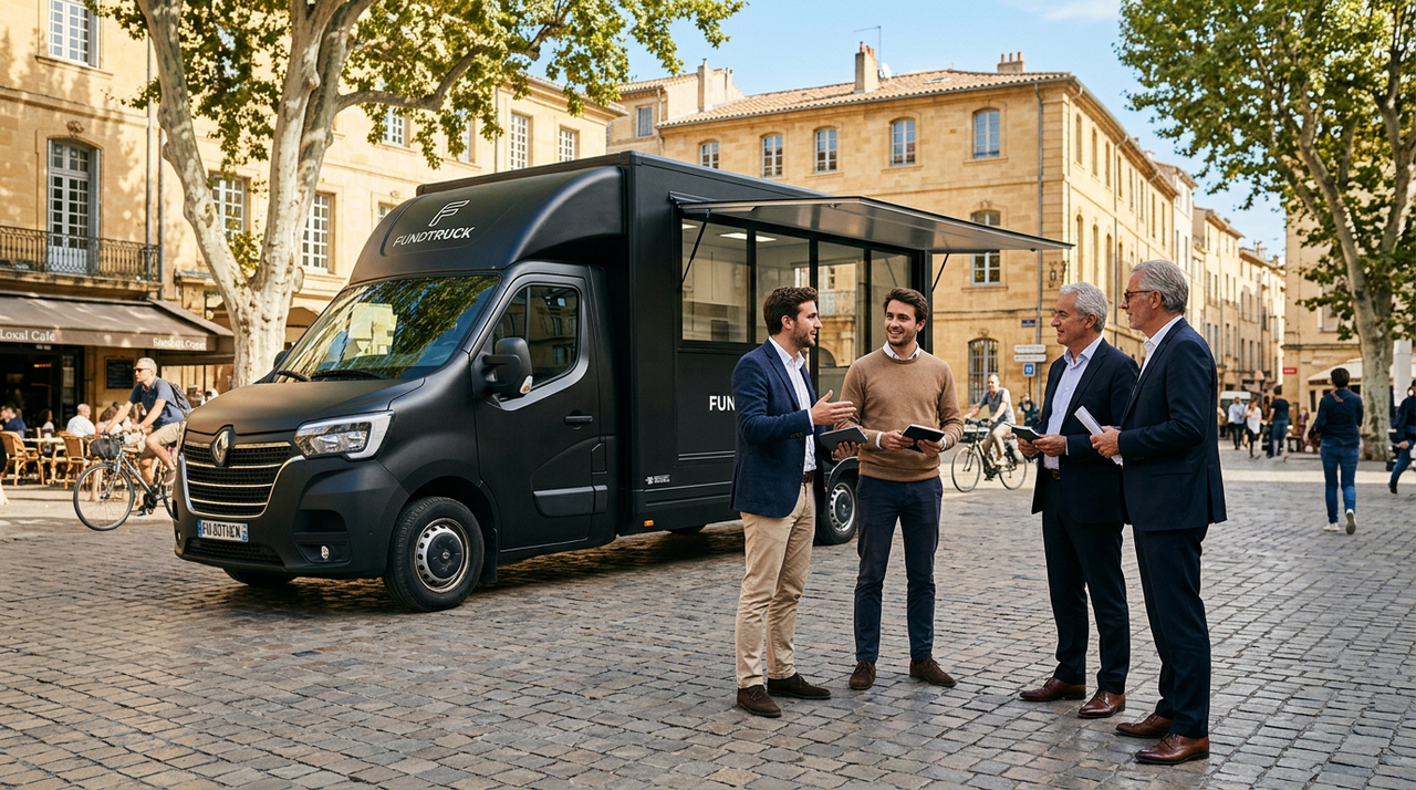 Un camion Fundtruck stylisé, avec des entrepreneurs pitchant devant un jury, symbolisant l'opportunité de financement régional.