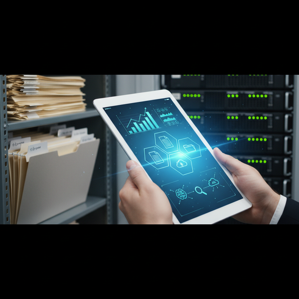 Une vue macro de documents numérisés avec des icônes d'intelligence artificielle superposées, symbolisant la GED intelligente PME IA 2026.