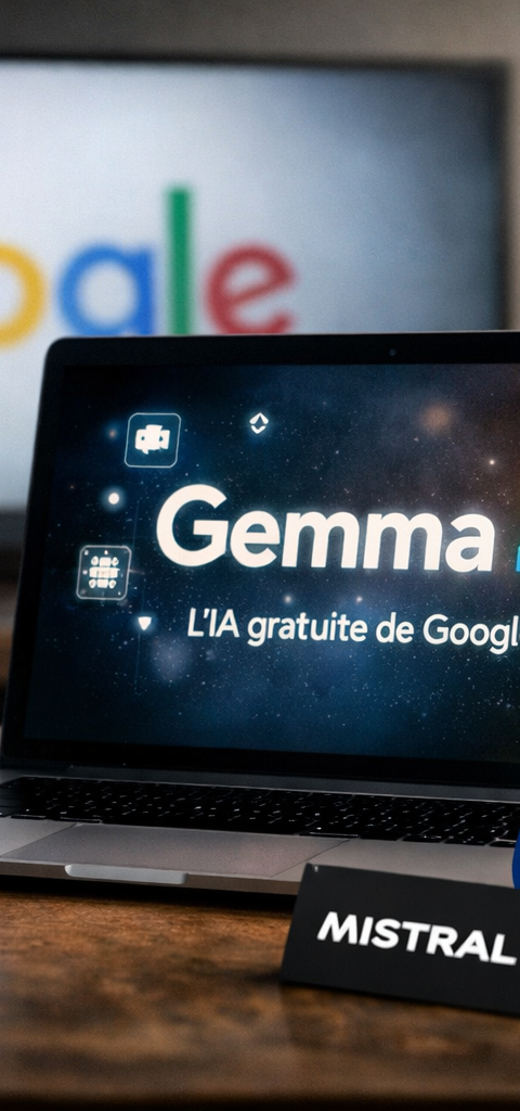 Vue éditoriale réaliste en format paysage d’un bureau technologique mettant en scène Gemma 4 de Google sur l’écran d’un ordinateur portable, avec en arrière-plan un logo Google flou et, au premier plan, des références visuelles à OpenAI, Claude, Meta et Mistral pour illustrer la pression concurrentielle sur le marché de l’intelligence artificielle.