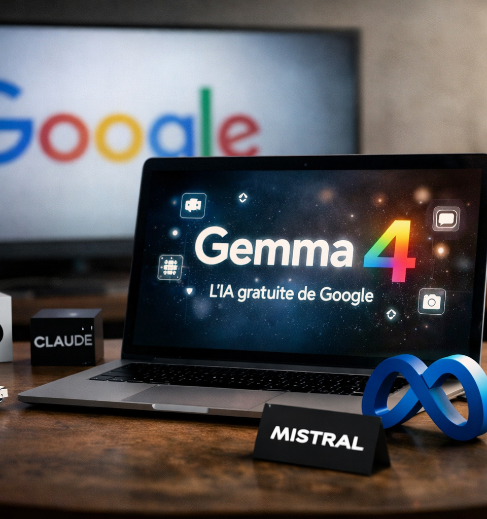 Vue éditoriale réaliste en format paysage d’un bureau technologique mettant en scène Gemma 4 de Google sur l’écran d’un ordinateur portable, avec en arrière-plan un logo Google flou et, au premier plan, des références visuelles à OpenAI, Claude, Meta et Mistral pour illustrer la pression concurrentielle sur le marché de l’intelligence artificielle.
