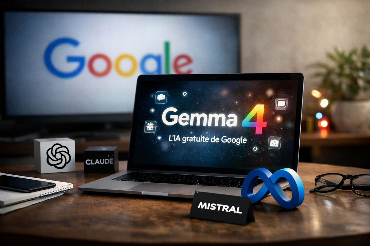 Vue éditoriale réaliste en format paysage d’un bureau technologique mettant en scène Gemma 4 de Google sur l’écran d’un ordinateur portable, avec en arrière-plan un logo Google flou et, au premier plan, des références visuelles à OpenAI, Claude, Meta et Mistral pour illustrer la pression concurrentielle sur le marché de l’intelligence artificielle.