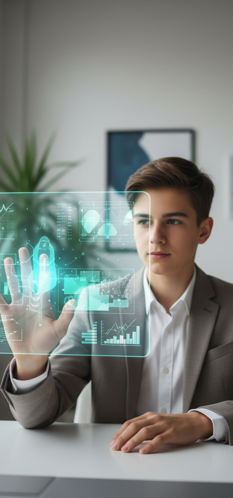 Une jeune fille de la génération Alpha, souriante, utilisant une tablette tactile dans un environnement futuriste, symbolisant les futurs clients connectés.