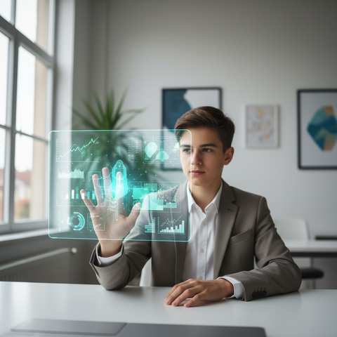 Une jeune fille de la génération Alpha, souriante, utilisant une tablette tactile dans un environnement futuriste, symbolisant les futurs clients connectés.