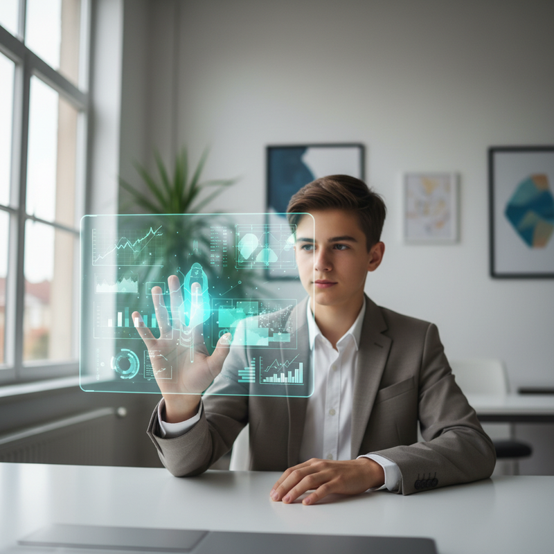 Une jeune fille de la génération Alpha, souriante, utilisant une tablette tactile dans un environnement futuriste, symbolisant les futurs clients connectés.