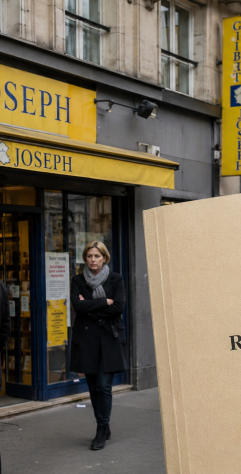 Gibert Joseph en redressement judiciaire, illustré par une devanture de librairie parisienne et un dossier juridique au premier plan, symbole des difficultés économiques du secteur du livre.