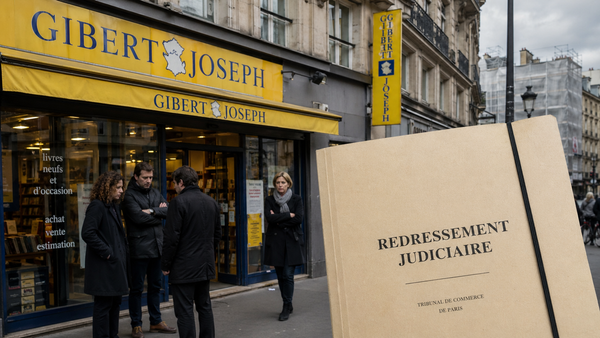 Gibert Joseph en redressement judiciaire, illustré par une devanture de librairie parisienne et un dossier juridique au premier plan, symbole des difficultés économiques du secteur du livre.
