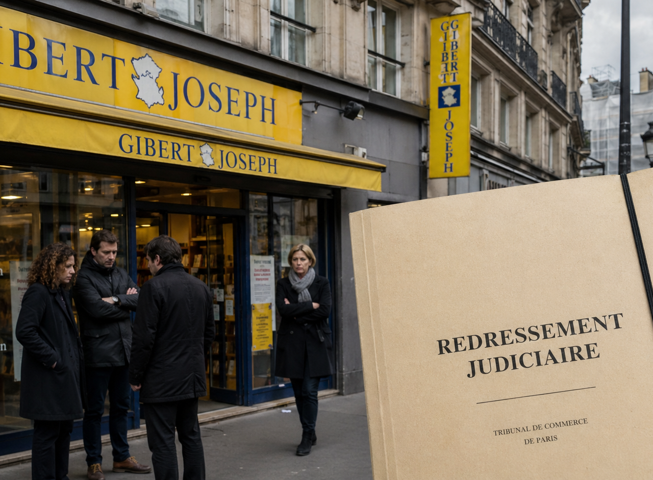 Gibert Joseph en redressement judiciaire, illustré par une devanture de librairie parisienne et un dossier juridique au premier plan, symbole des difficultés économiques du secteur du livre.