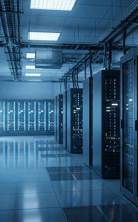 Illustration futuriste d'un centre de données géant en France, symbolisant une gigafactory IA et la souveraineté numérique.