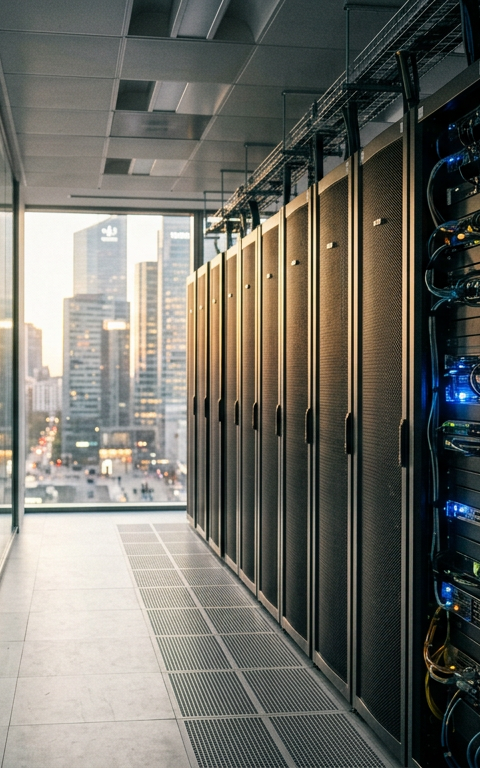 Illustration futuriste d'un datacenter géant en France, symbolisant la gigafactory IA France, avec des serveurs lumineux et des schémas de connexion, évoquant la puissance de calcul et l'innovation.