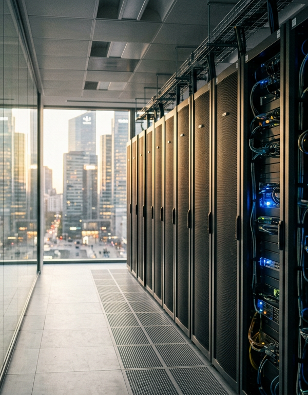 Illustration futuriste d'un datacenter géant en France, symbolisant la gigafactory IA France, avec des serveurs lumineux et des schémas de connexion, évoquant la puissance de calcul et l'innovation.