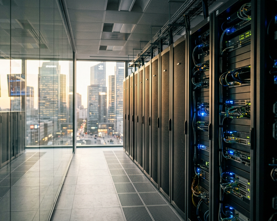Illustration futuriste d'un datacenter géant en France, symbolisant la gigafactory IA France, avec des serveurs lumineux et des schémas de connexion, évoquant la puissance de calcul et l'innovation.