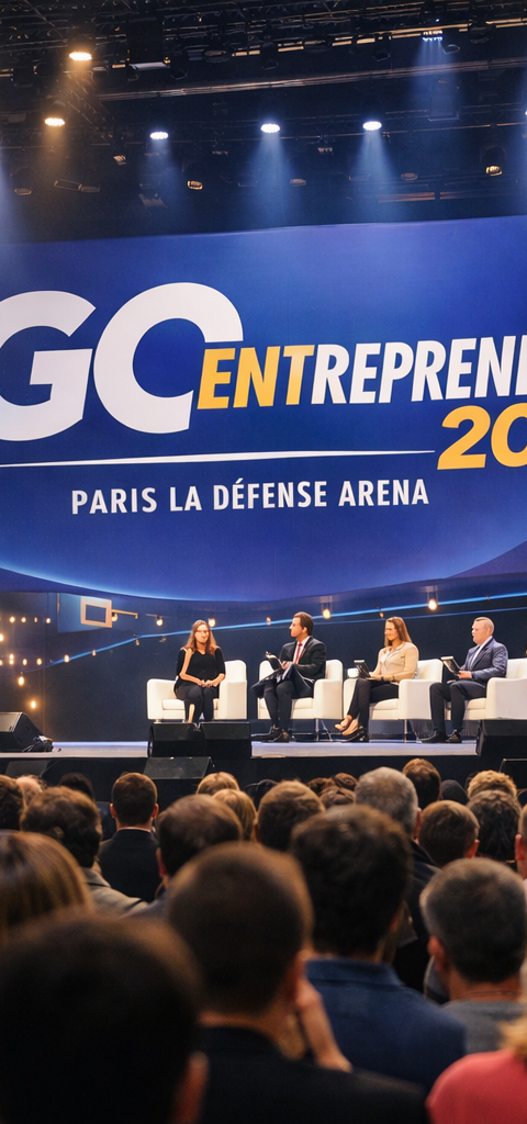 Vue large d’une grande scène de salon entrepreneurial à Paris, devant un public nombreux, avec écrans géants, intervenants en conférence et ambiance premium autour de l’innovation, du business et de la performance.